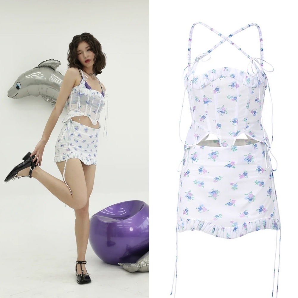 Nodress Set Jacquard Ruffled Corset Mini Skirt Sheer Off-White Floral S NWT